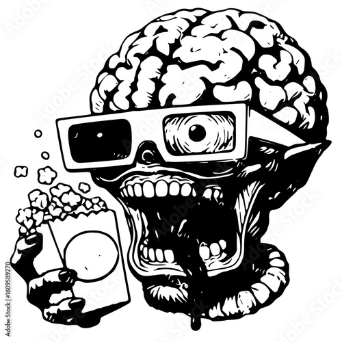 Zombie with brain and popcorn illustration
