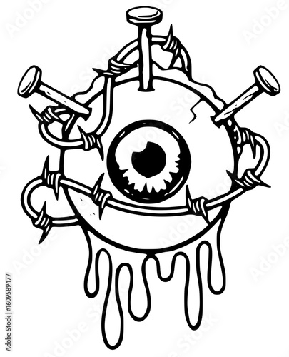 Eyeball with nails and barbed wire