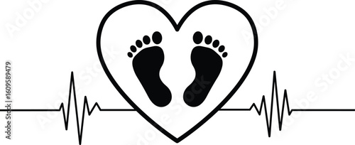 Heartbeat line with baby footprints, symbol of love, health, maternity care, new life, emotional bond, medical design, wellness concept