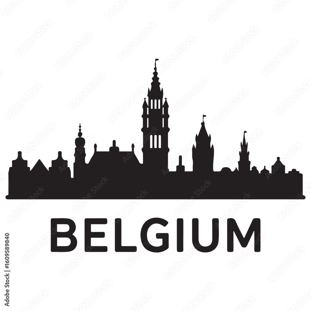 Fototapeta premium Vector Belgium skyline. Travel Belgium famous landmarks. Business and tourism concept for presentation, banner, web site. Vector black silhouette. with white background