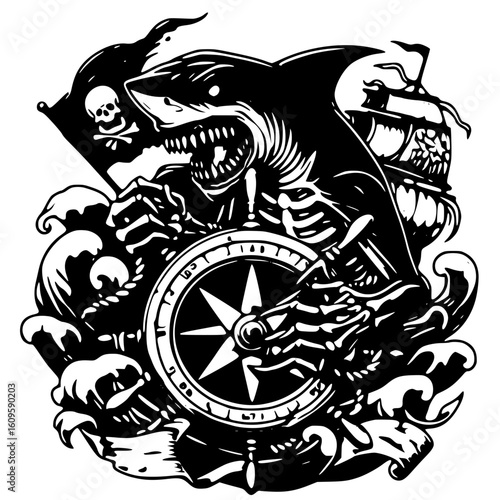 A pirate shark skeleton with a ship