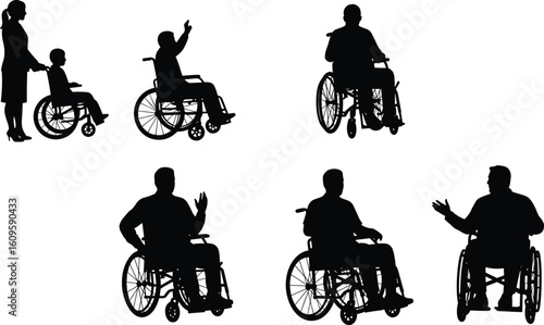 Silhouettes of people in wheelchairs, inclusive healthcare, mobility support, disability awareness, physical rehabilitation, caregiving assistance, accessibility, social unity, medical concept