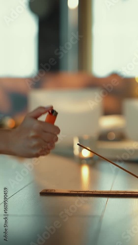 Hand Lighting Incense Stick on Wooden Surface