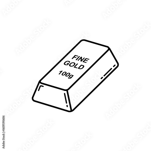 A 100g fine gold bar, meticulously illustrated in a simple line drawing style, perfect for financial, banking, or investment-related projects needing a clean and modern aesthetic.