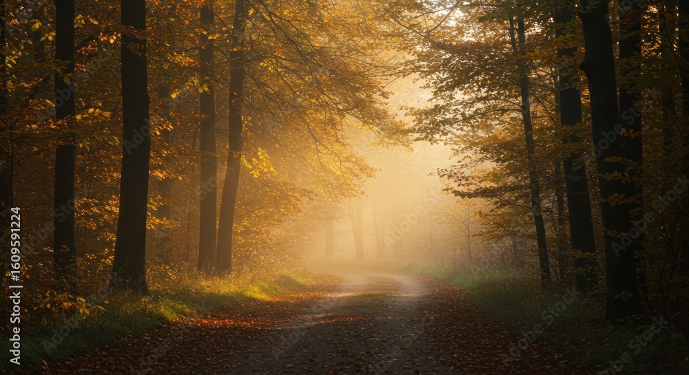 Obraz premium Autumn forest path bathed in warm hazy sunlight