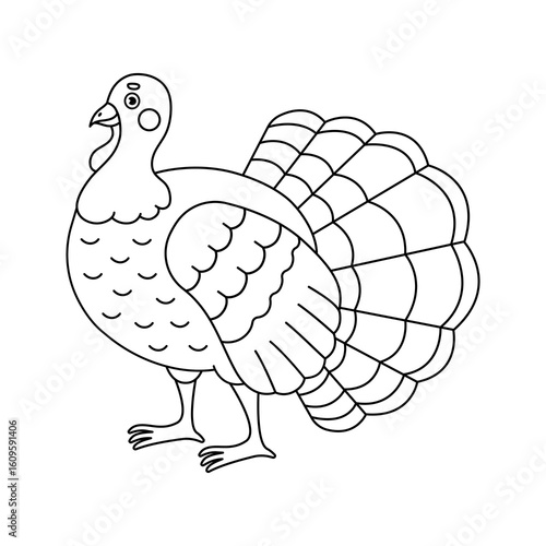 Doodle illustration of cartoon outline turkey for coloring book isolated on white background. Black and white hand drawn poultry for kids