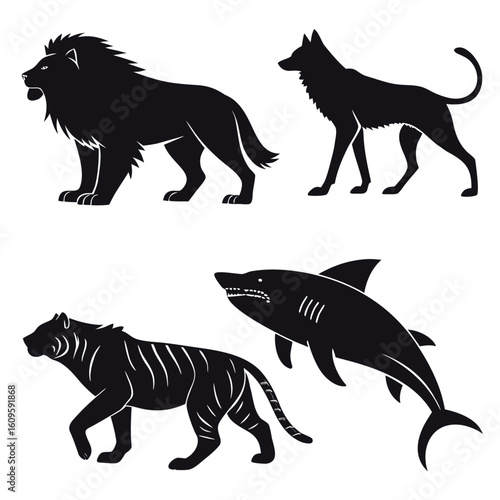 Lion tiger wolf shark silhouettes vector