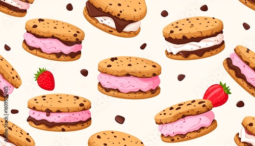 Sweet, round cookies filled with pink ice cream, drizzled with chocolate, scattered with chocolate chips and fresh strawberries