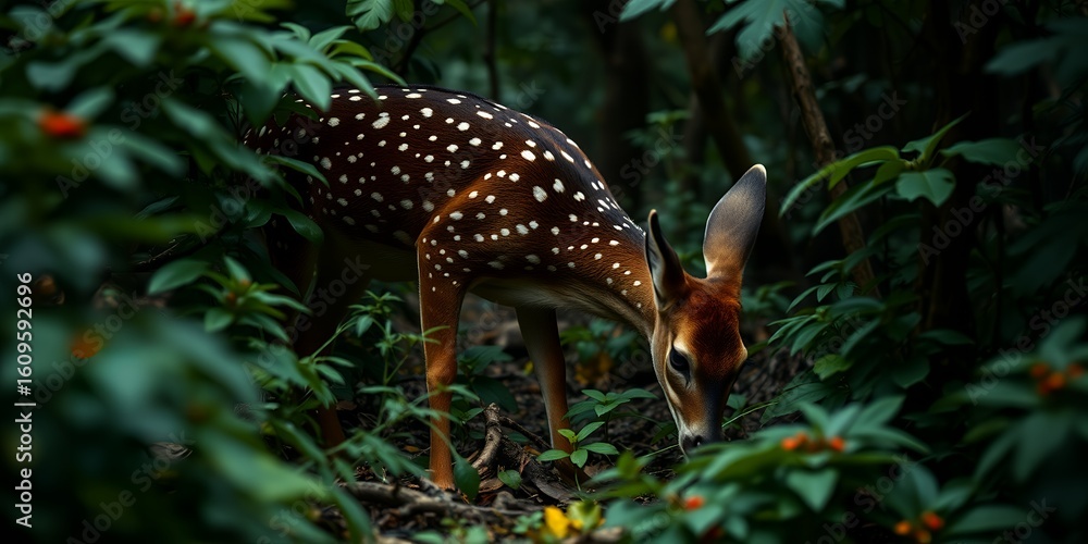 Fototapeta premium A young deer with white spots grazing in the forest surrounded by green leaves and small red berries