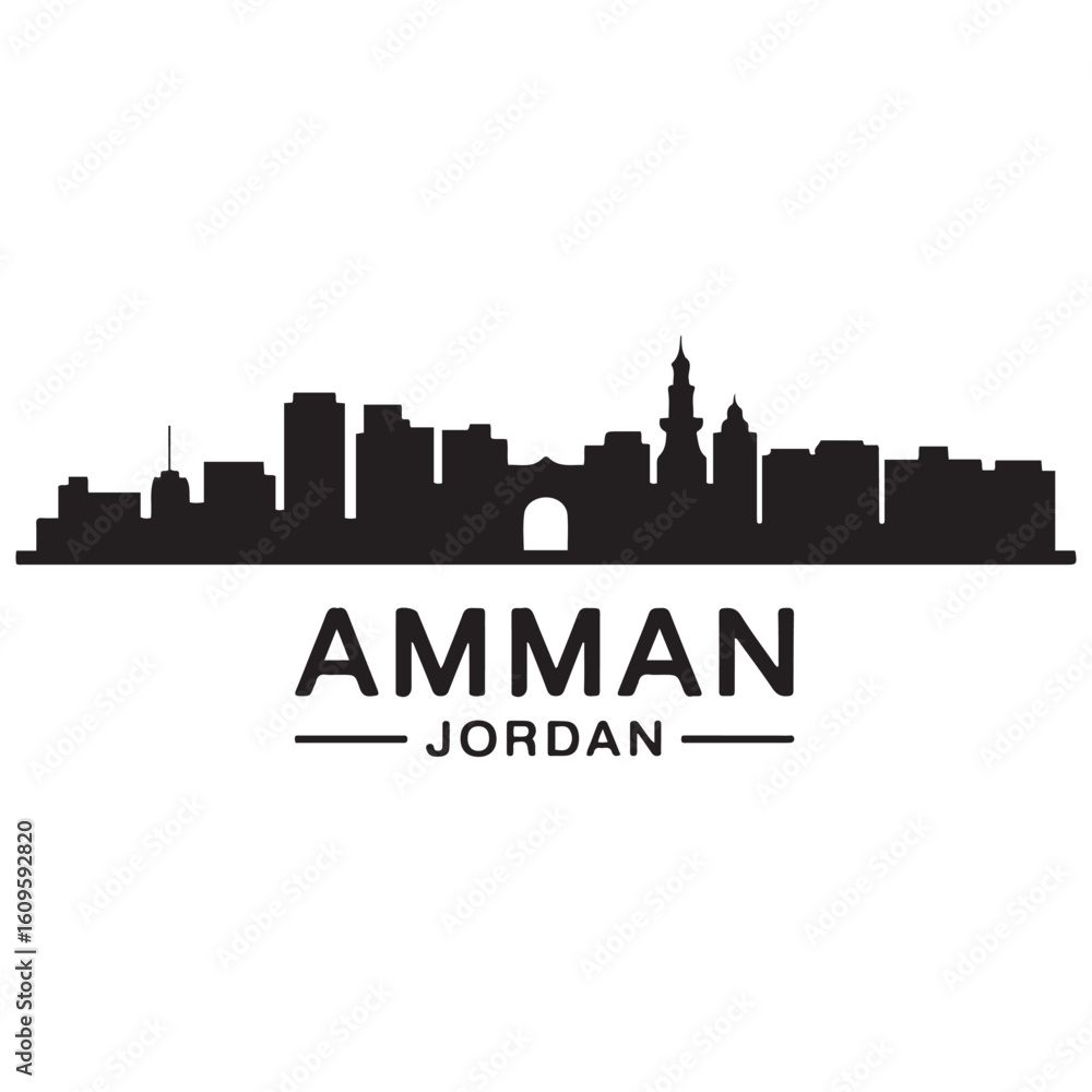 Obraz premium Amman skyline horizontal banner. Amman City, Jordan. Vector template for your design. Vector black silhouette. with white background