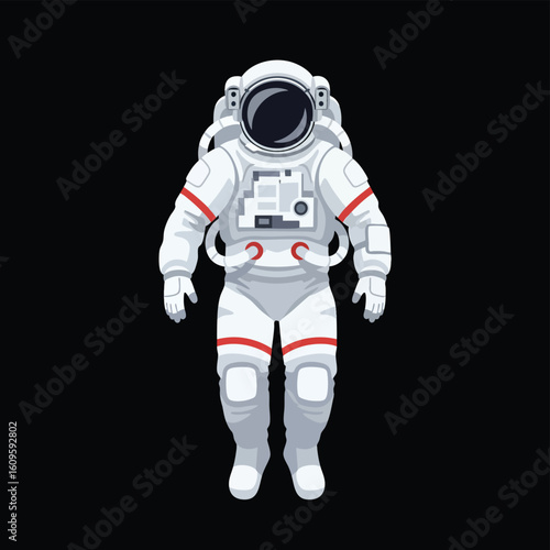 Astronaut in a white spacesuit with red stripes floating in zero gravity.