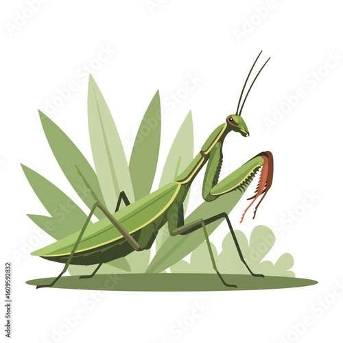 Green Praying Mantis with Serrated Forelegs and Long Antennae.