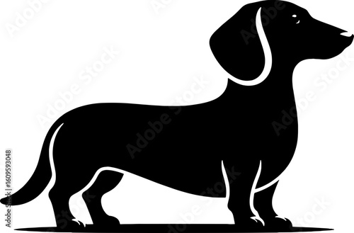 Black and white silhouette of a dachshund looking to the right