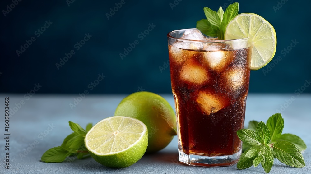 Fototapeta premium Glass of soda with a lime slice on top. The lime slices are on a table next to the glass