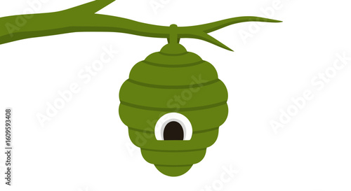 Green cartoon beehive with a conical, layered shape hanging from a tree branch.