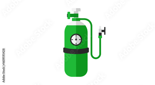 Green medical oxygen tank with pressure gauge and regulator valve, flat design icon.