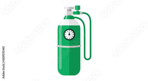 Green portable medical oxygen tank with a pressure gauge and valve. Flat vector icon.
