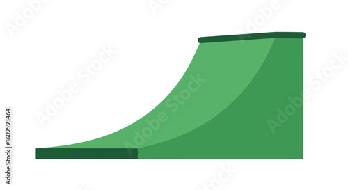 Green quarter pipe skate ramp with a smooth curved surface for extreme sports.