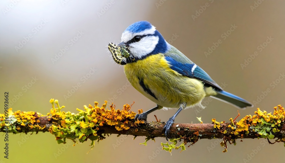 Obraz premium Blue tit bird with insect
