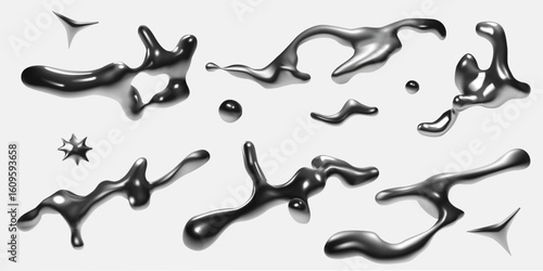 Chrome shapes. Liquid metal. Y2k silver drops. Abstract fluid hologram aesthetic figures. Amorphous metallic texture. 2000s brutalism asymmetric forms. Vector 3D curve melt blots set