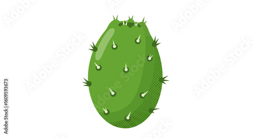 Isolated green prickly pear cactus pad illustration with sharp spines and halftone texture.