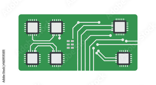 Minimalist green printed circuit board with square microprocessors and white traces. A flat design electronic component illustration.