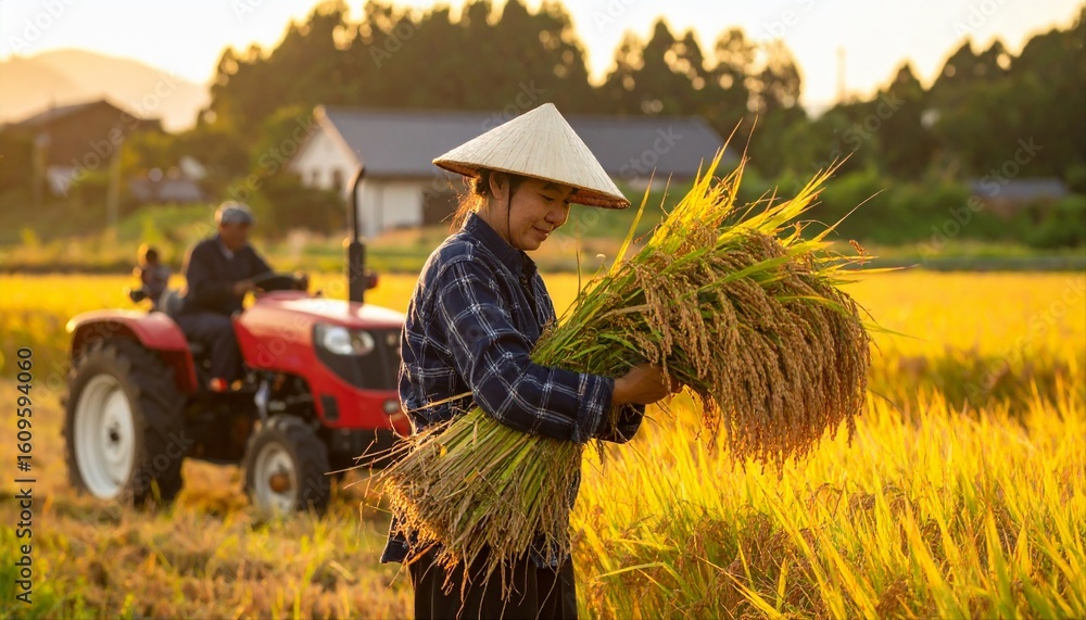 Obraz premium 赤いトラクターと稲穂を収穫する農家
