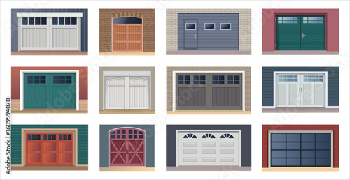 Garage doors. House gate. Home workshop or building parking. Warehouse entrance. Architecture exterior facade. Security doorway. Automatic shutter. Vector isolated car gateways set