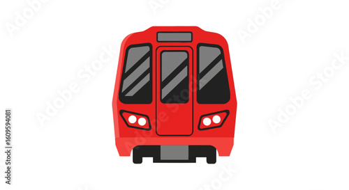 Modern red subway train front view, a stylized flat vector illustration with large windows and headlights.