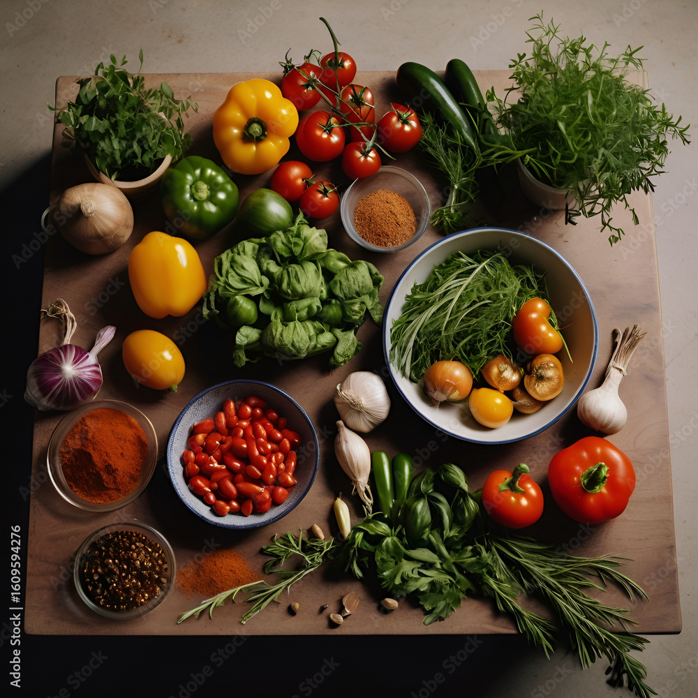Top-down kitchen scene showcasing freshly chopped vegetables, herbs, and spices ready for a vibrant meal prep. A colorful celebration of natural cooking and home warmth. Top-down kitchen scene showcasing freshly chopped vegetables, herbs, and spices ready for a vibrant meal prep. A colorful celebration of natural cooking and home warmth.