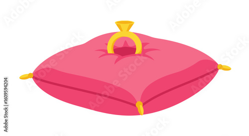 Precious gold wedding ring presented on a soft pink velvet pillow with golden tassels.
