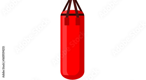 Red cylindrical heavy punching bag with black hanging straps, a vector illustration for boxing and fitness training.