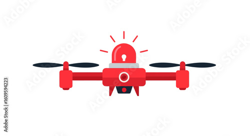 Red emergency drone with a flashing siren light and camera, flat vector illustration.
