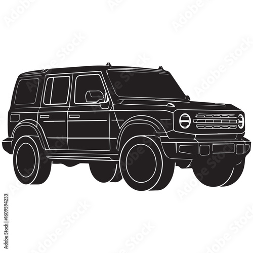 A simple black and white silhouette illustration of a 4-door SUV against a plain white background.