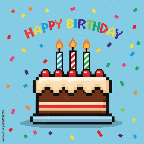 Vibrant Pixel Art Birthday Cake with Lit Candles and Cherries.