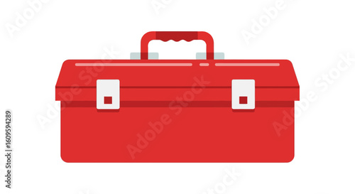 Red portable tool chest with a molded handle and two front latches, flat vector style.