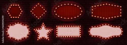 Circus sign. Light Broadway signboard at brick wall. Carnival marquee billboards. Red casino stage or cinema neon bulb. Theater boards. Night club glow. Vector illuminated borders set