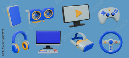 3D gadgets. Video game headphones. Electronic technology equipment. Laptop screen. Computer keyboard. VR gamer device. Videogame control joystick. Vector hardware render objects set
