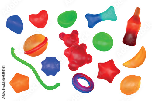 Jelly candy. 3d gummy sweets, cola or fruit bear, worm sugar animal. Soft lollipop gum, cute kid yummy food. Gelatin chewing dessert, marmalade product assortment, vector isolated snack set