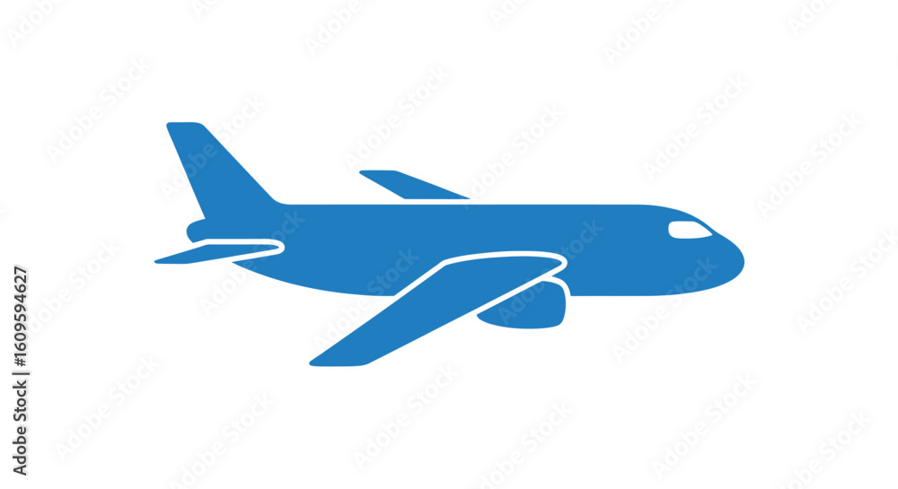 Obraz premium Solid blue passenger jet icon with swept-back wings and tail, depicted in a clean, flat design.