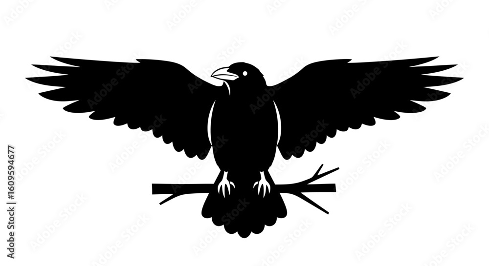 Obraz premium Stylized black raven silhouette perched on a branch with its wings spread wide.