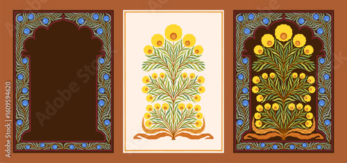 Flower motif. Mughal floral art. Indian ethnic ornament or plant folk design frame. Vintage tree decoration. Botanical border. Turkish traditional vintage bunch. Vector isolated embroidery