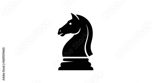 Stylized black knight chess piece silhouette. A minimalist graphic icon of a horse head on a base.