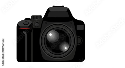 Stylized black DSLR camera illustration with a reflective lens and red accent line.