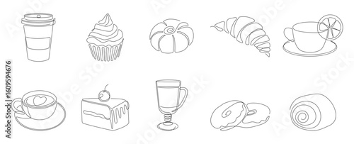 Line art cakes. Food dessert bakery for cafe, outline coffee and pancakes. Sweet bake sketch, minimalistic tea drink for menu. Croissant, sweet muffin and donut. Vector isolated icons
