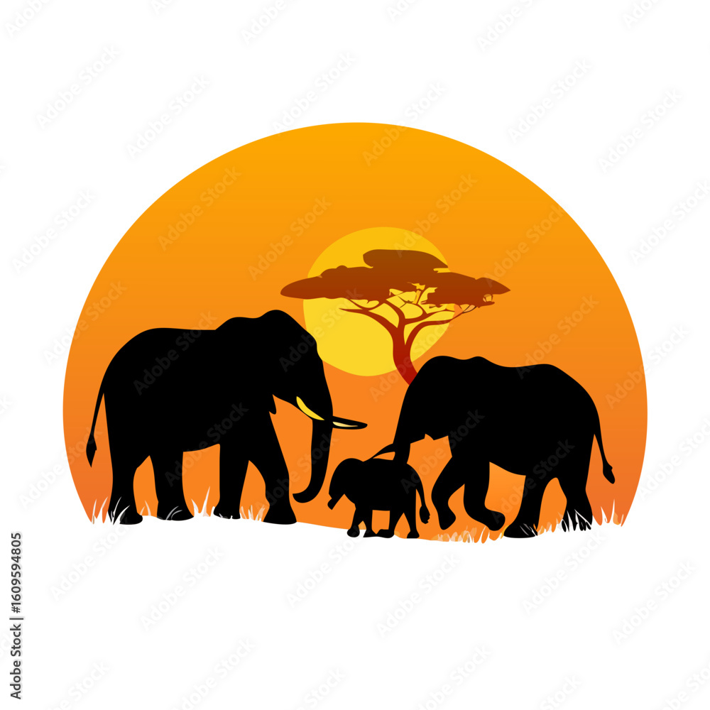 Fototapeta premium Elephant Family Silhouette Under Glowing Orange African Sky
