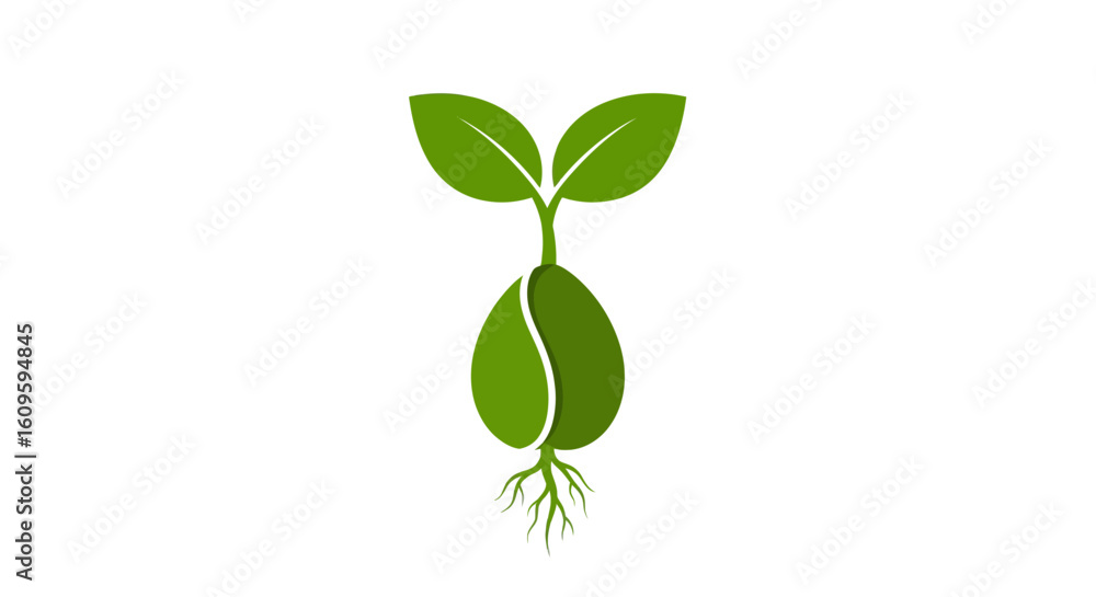Obraz premium Stylized green seedling icon showing a plant sprouting from a split seed with two leaves and visible roots.