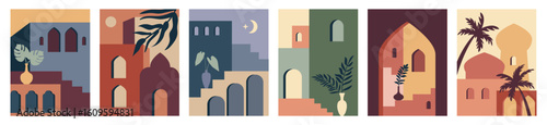 Abstract architecture. Moroccan arch, Morocco building door in oriental contemporary geometric style. Window view with minimalistic landscape. Palm tree in desert. Vector simple posters