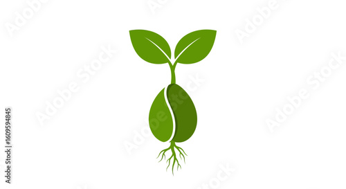 Stylized green seedling icon showing a plant sprouting from a split seed with two leaves and visible roots.
