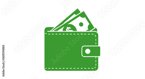Stylized green wallet icon with dollar banknotes and white dashed stitching.